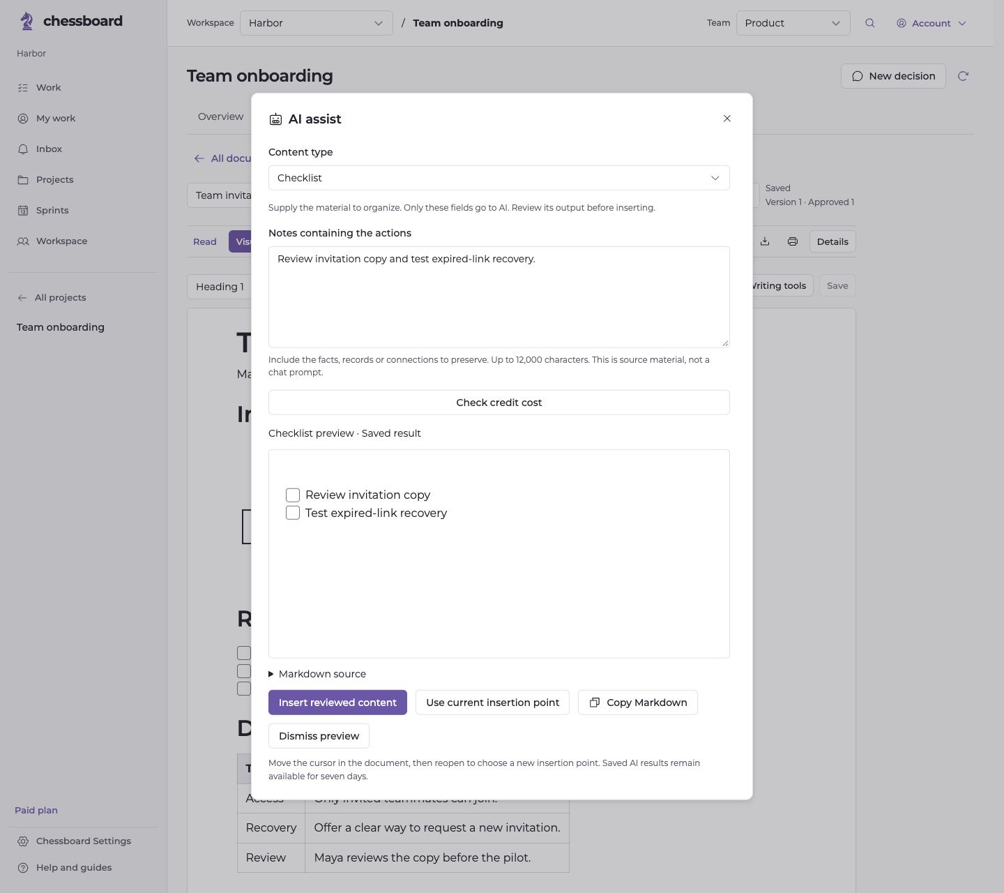 An optional AI checklist preview with a saved result and an explicit button to insert reviewed content.