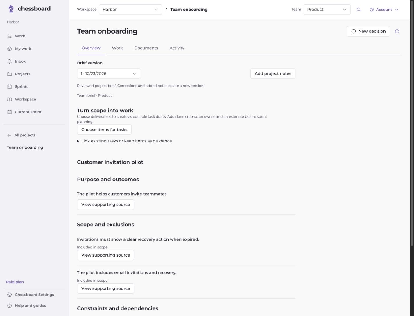A confirmed project brief showing purpose, scope and constraints.
