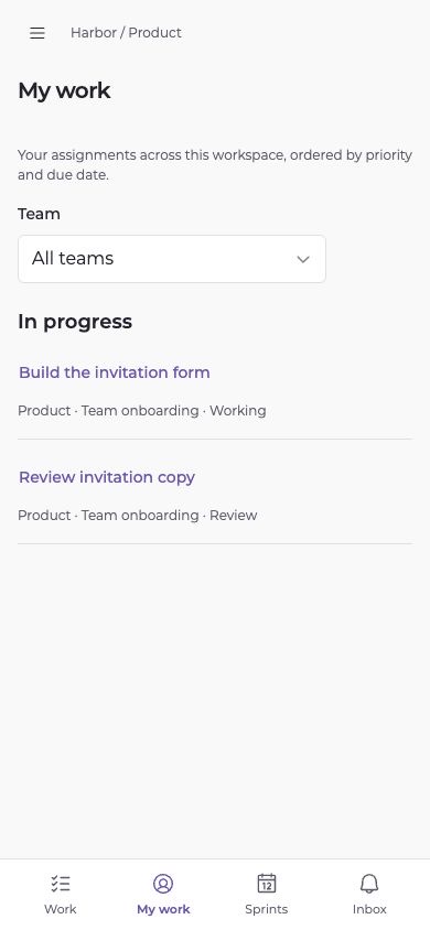 My work on a phone-sized viewport, with task status and discussion actions.