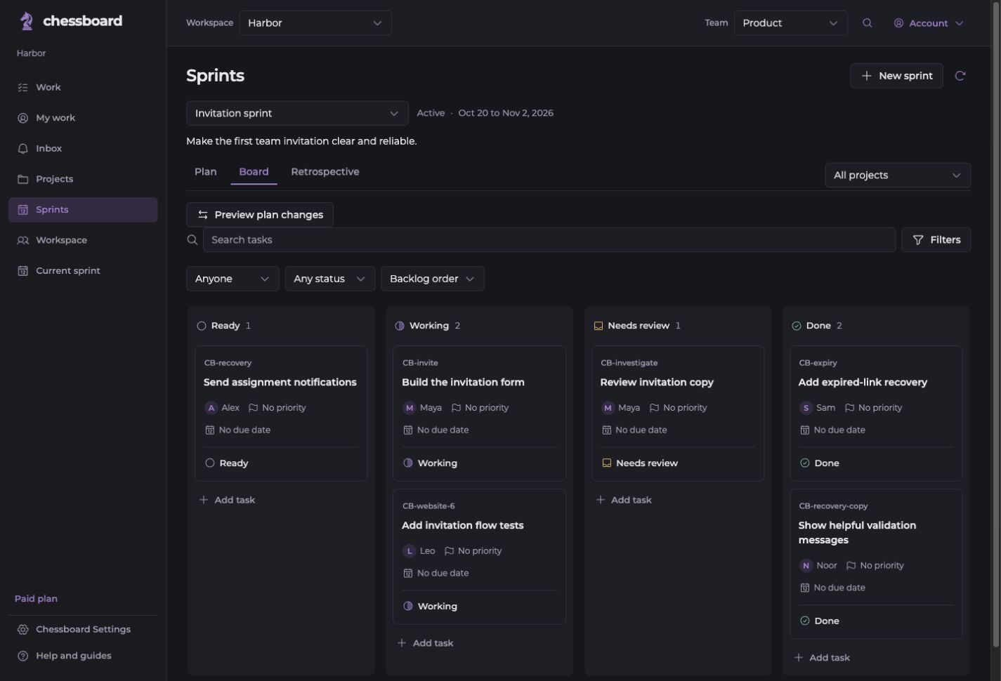 Sprint tasks in the illustrative Harbor workspace in the dark theme.