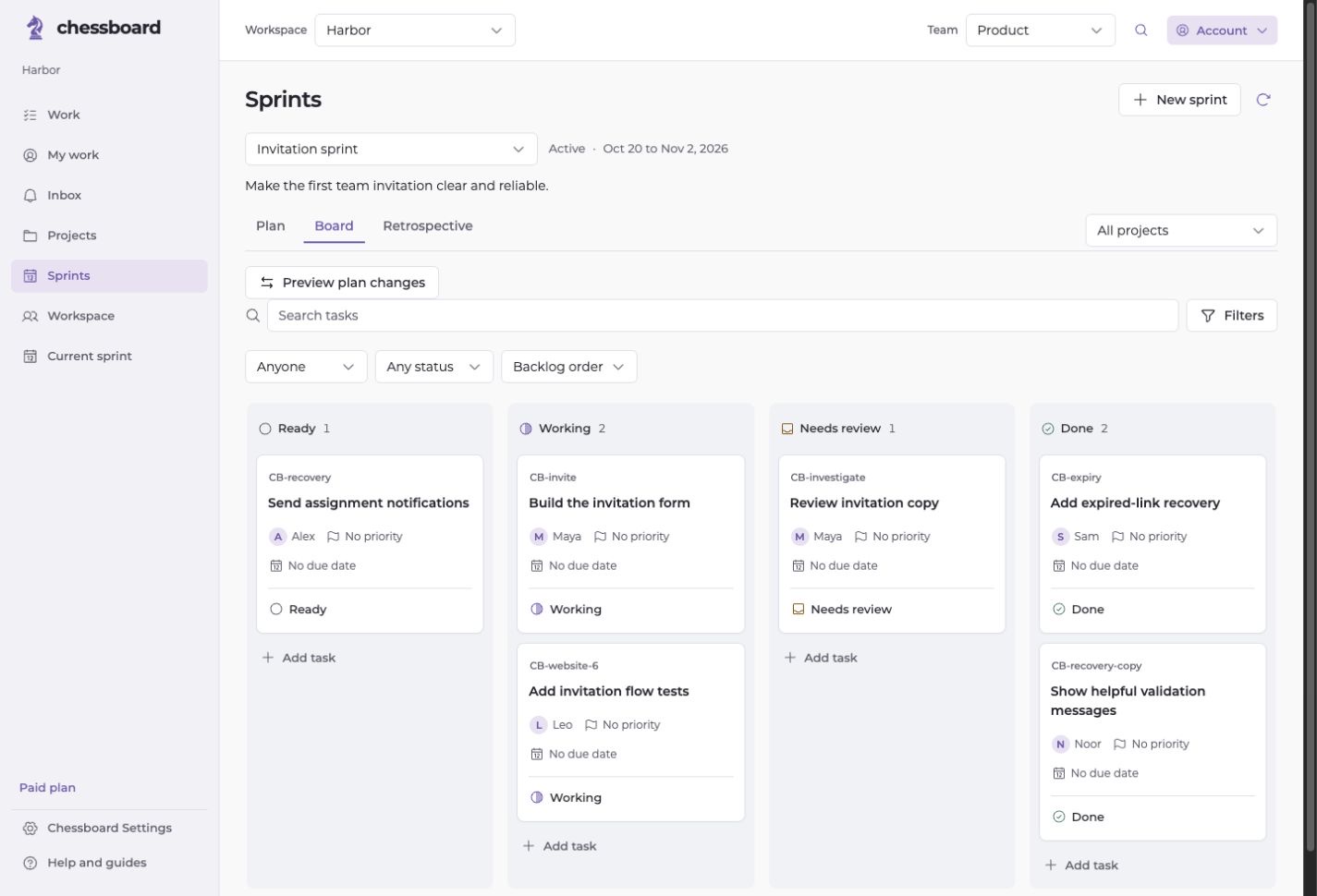 Sprint tasks in the illustrative Harbor workspace.
