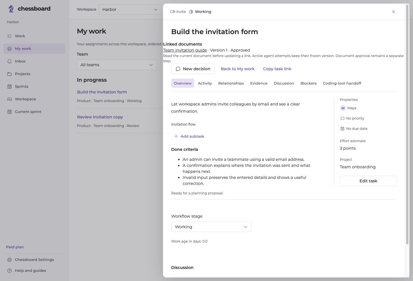 An example invitation task with its owner, completion criteria and linked project context.